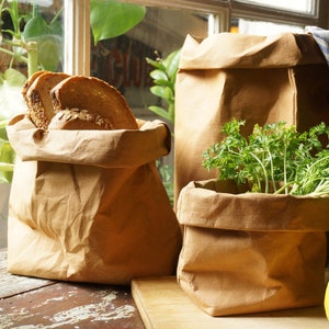 Brown Paper bag storage made from washable, reusable and recycled paper. Vegan Leather brown bag for your home image 3