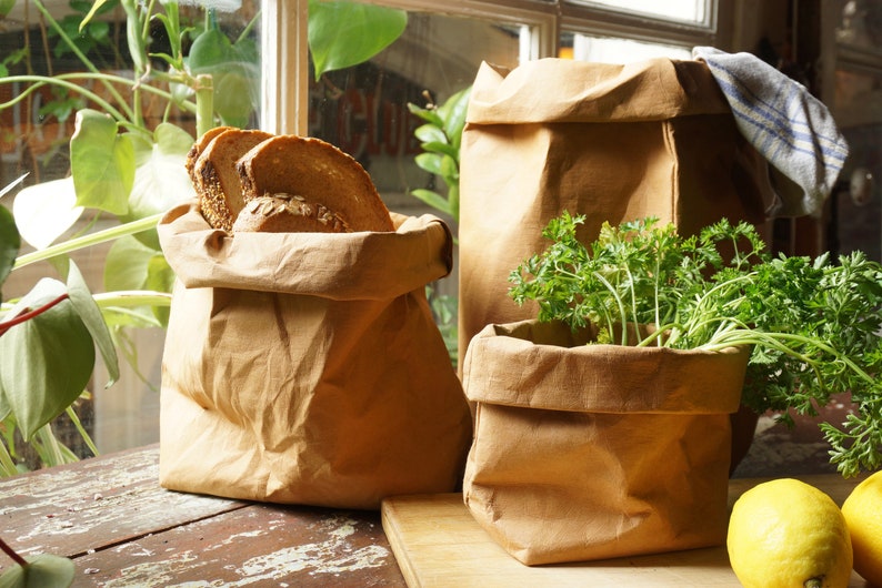 Brown Paper bag storage made from washable, reusable and recycled paper. Vegan Leather brown bag for your home image 3