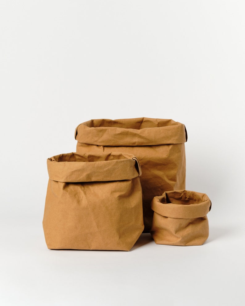 Brown Paper bag storage made from washable, reusable and recycled paper. Vegan Leather brown bag for your home image 2