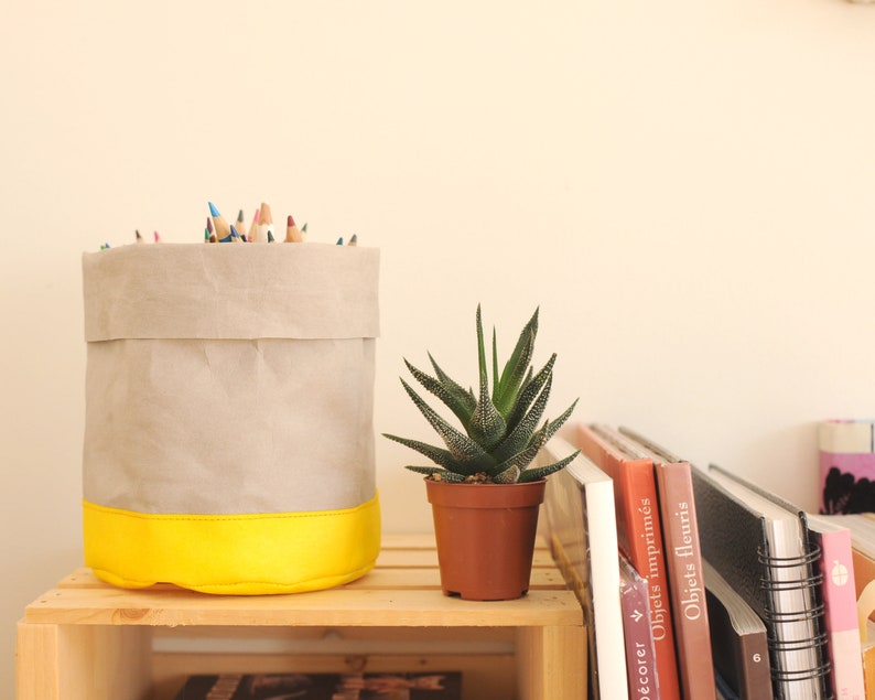 Round Waste Basket, Pen holder, made by washable paper in grey with yellow, brown with red. Vegan leather basket for your living room image 3