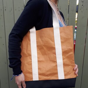 Tote, bag, shoulder back, brown paper, washable paper, leather, reusable, eco, life lasting, unique, original image 3