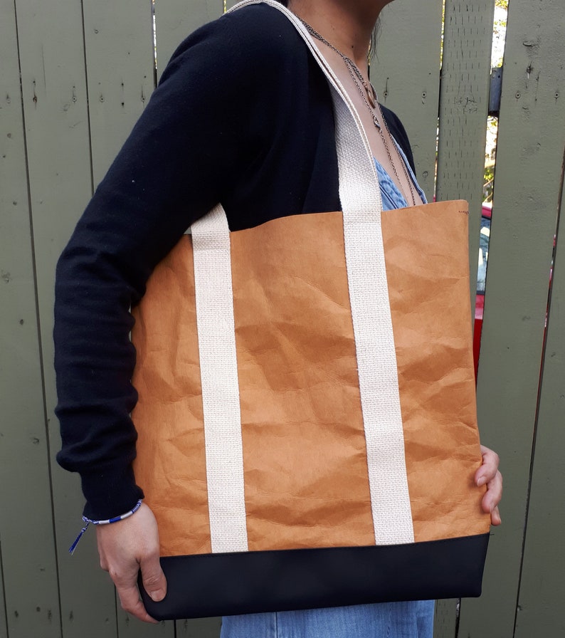 Tote, bag, shoulder back, brown paper, washable paper, leather, reusable, eco, life lasting, unique, original image 3