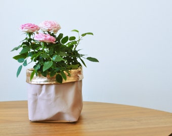 PINK + ROSE GOLD paper bag storage made from washable, reusable and recycled paper. Vegan Leather magazine holder for your living room