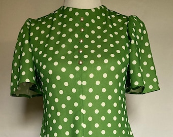 1950s Vintage Dress, Polka Dot Dress, 1950s Green Dress, Pearl Buttons, Size Small Dress, 1950s Spring Dress, Vintage Dress, 1950s Fashion