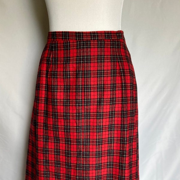 Red Plaid Skirt, Vintage Fashion Skirt, Justin Lee Limited Skirt, Size Large, Pencil Skirt, Christmas Wool Skirt