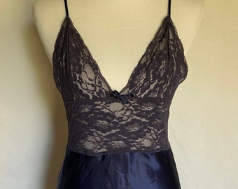 Vintage Nightgown, Laura Faye, Lace Lingerie, Size Small, Sheer Sexy Nightgown, Navy Blue