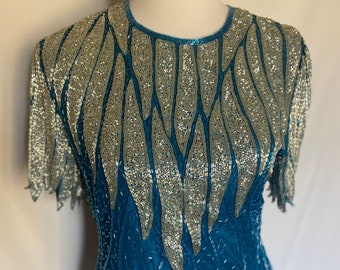 80’s Beaded Dress, Scala Vintage Dress, Blue & Silver Bead Dress