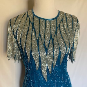 Robe perlée des années 80, robe vintage Scala, robe perlée bleue et argentée
