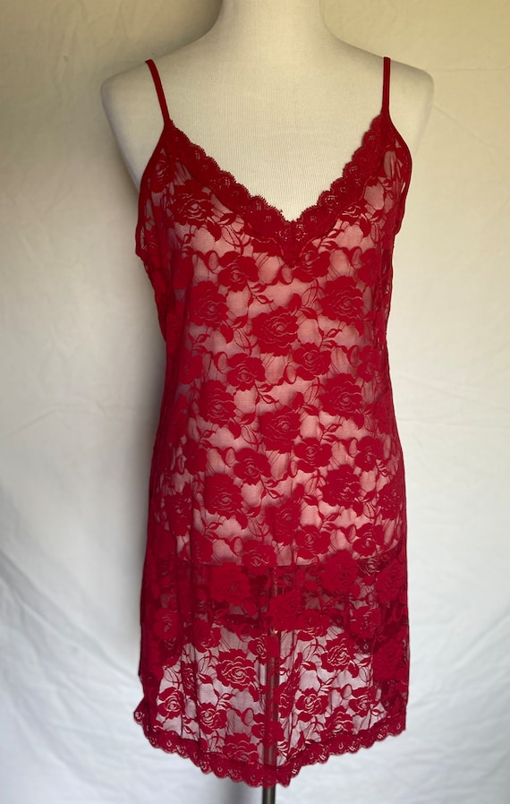 Red Lace Nightgown, Vintage Floral Lingerie, Sexy… - image 2