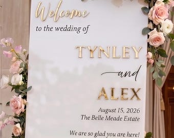 Panneau de bienvenue personnalisé en acrylique pour mariage avec noms en relief 3D – Date, lieu et couleurs personnalisables – Décoration élégante pour la réception – Anglais et espagnol