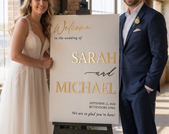 Personalized Acrylic Wedding Welcome Sign with 3D Raised Names – Custom Date, Venue & Colors – Elegant Reception Display - English y Español