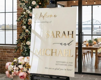 Personalized Acrylic Wedding Welcome Sign with 3D Raised Names – Custom Date, Venue & Colors – Elegant Reception Display - English y Español