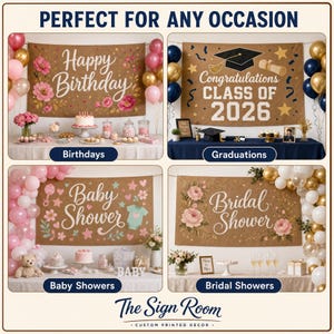 Peut inclure: Un collage de quatre banni&egrave;res rectangulaires en tissu pr&eacute;sentant des motifs imprim&eacute;s pour divers &eacute;v&eacute;nements. Les banni&egrave;res affichent des textes comme Happy Birthday, Congratulations Class of 2026, Baby Shower et Bridal Shower, avec des motifs floraux.