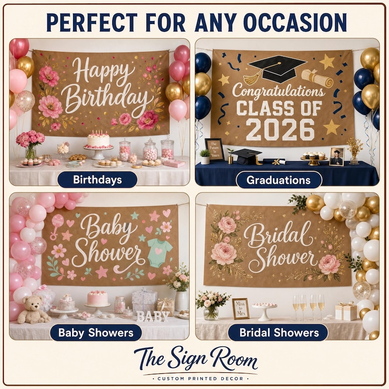 Peut inclure: Un collage de quatre banni&egrave;res rectangulaires en tissu pr&eacute;sentant des motifs imprim&eacute;s pour divers &eacute;v&eacute;nements. Les banni&egrave;res affichent des textes comme Happy Birthday, Congratulations Class of 2026, Baby Shower et Bridal Shower, avec des motifs floraux.