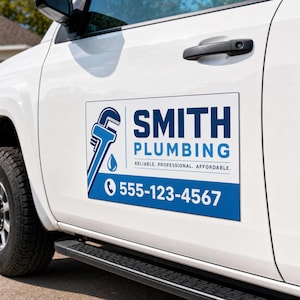 May include: A rectangular magnetic sign attached to the side of a white vehicle. The sign features a blue pipe wrench icon, a water drop, and the text SMITH PLUMBING, RELIABLE. PROFESSIONAL. AFFORDABLE., and the phone number 555-123-4567 in blue and white.