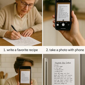 May include: An Etsy listing shows a woman writing a recipe, taking a photo of it with a phone, and receiving an 8"x10" magnet. The magnet displays a handwritten chocolate chip cookie recipe. The Etsy logo is at the top.