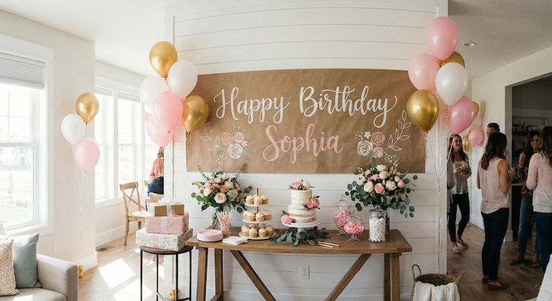 Peut inclure: Une banni&egrave;re en papier brun avec une calligraphie blanche indiquant Happy Birthday Sophia, orn&eacute;e d'illustrations florales. L'ensemble comprend des ballons roses, blancs et dor&eacute;s, un pr&eacute;sentoir &agrave; cupcakes, un g&acirc;teau et des bouquets de fleurs.