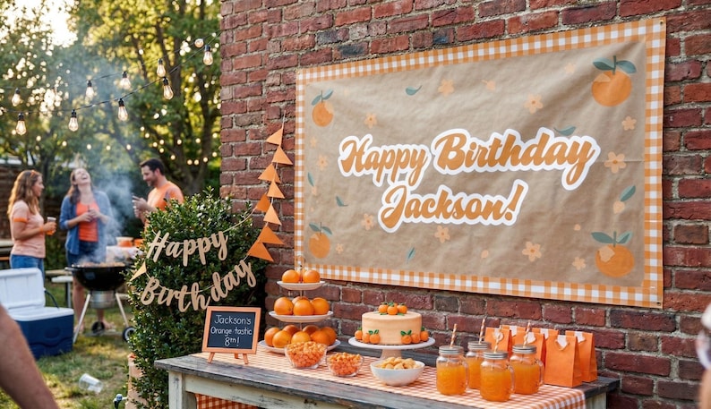 Peut inclure: Une banni&egrave;re d'anniversaire rectangulaire avec un fond beige, une bordure &agrave; carreaux orange et des illustrations d'oranges. Le texte Happy Birthday Jackson! est &eacute;crit en blanc. La banni&egrave;re est fix&eacute;e sur un mur en briques.