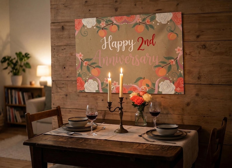 Peut inclure: Une banni&egrave;re murale rectangulaire portant l'inscription Happy 2nd Anniversary en lettres blanches et rouges. Le motif pr&eacute;sente des illustrations de p&ecirc;ches orange, de feuilles vertes et de roses blanches et rouges sur un fond beige.