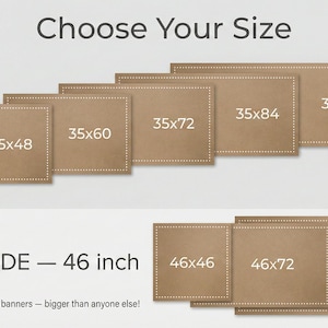Peut inclure: Un guide des tailles intitul&eacute; Choose Your Size pr&eacute;sentant diverses banni&egrave;res rectangulaires marron clair avec des bordures cousues blanches. Les tailles indiqu&eacute;es sont 35x35, 35x48, 35x60, 35x72, 35x84, 35x96, 46x46, 46x72 et 46x96 pouces. Une silhouette humaine &eacute;tiquet&eacute;e 5'6" donne l'&eacute;chelle.