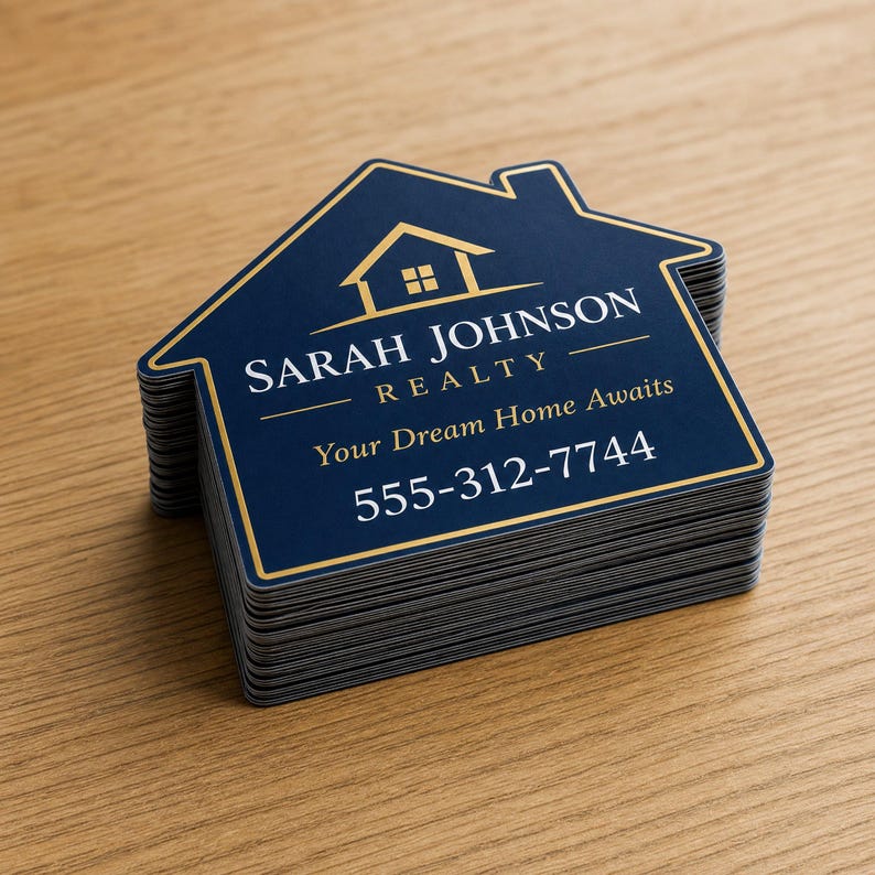 May include: A stack of house-shaped business cards in dark blue with gold trim. The text reads SARAH JOHNSON REALTY, Your Dream Home Awaits, and 555-312-7744. A gold house icon is centered at the top of each card, featuring a clean, professional design.