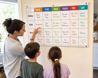 Personalized Family Chore Chart Dry Erase Board | Custom Kids Weekly Routine Chart | Responsibility Board | Reusable Chore Tracker