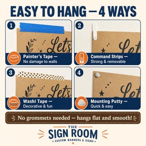 Peut inclure: Un graphique p&eacute;dagogique intitul&eacute; EASY TO HANG - 4 WAYS pr&eacute;sentant quatre m&eacute;thodes pour fixer une enseigne : ruban de masquage bleu, bandes adh&eacute;sives, ruban washi &agrave; motifs et p&acirc;te de fixation. Le texte en bas indique No grommets needed.