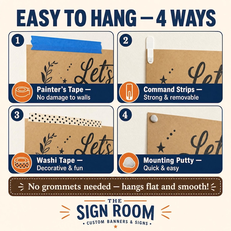 Peut inclure: Un graphique p&eacute;dagogique intitul&eacute; EASY TO HANG - 4 WAYS pr&eacute;sentant quatre m&eacute;thodes pour fixer une enseigne : ruban de masquage bleu, bandes adh&eacute;sives, ruban washi &agrave; motifs et p&acirc;te de fixation. Le texte en bas indique No grommets needed.