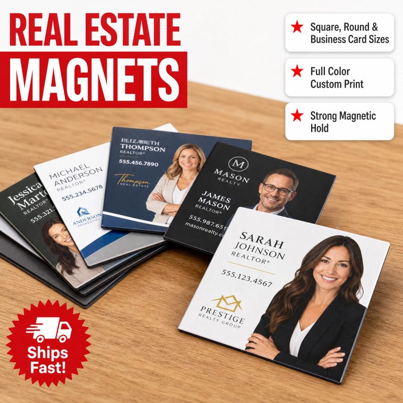 May include: A collection of square real estate magnets featuring custom full-color prints of various realtors, including names like Sarah Johnson, James Mason, Elizabeth Thompson, and Michael Anderson, along with their contact information and company logos.