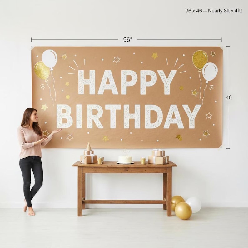 Peut inclure: Une grande banni&egrave;re d'anniversaire rectangulaire marron avec le texte blanc HAPPY BIRTHDAY et des illustrations de ballons et d'&eacute;toiles dor&eacute;es et blanches. La banni&egrave;re mesure 244 cm sur 117 cm, soit pr&egrave;s de 2,4 m&egrave;tres sur 1,2 m&egrave;tre.