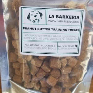 Training Dog Treats by La Barkeria. Handcrafted with Limited Ingredients. Available in Apple, Beef Brisket, Peanut Butter, or Sweet Potato.