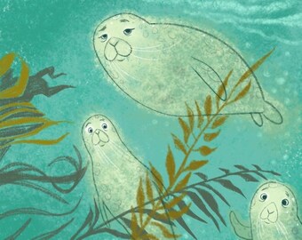 Lámina artística de cachorros de mar, ilustración de foca pacífica (5x5)
