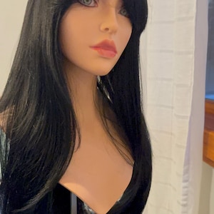 May include: A black wig with long, straight hair and a side-swept fringe. The wig is styled on a mannequin head.