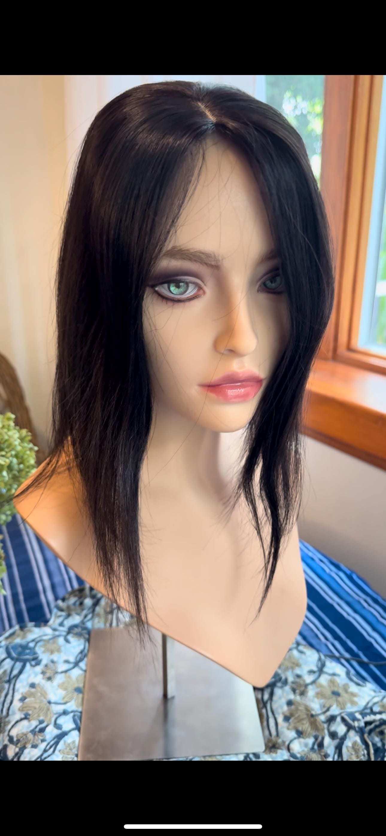 Crescendo Black European Silk Top 100% Human Hair Topper Wig Dark Natural Mono Top Parting Topper 14”