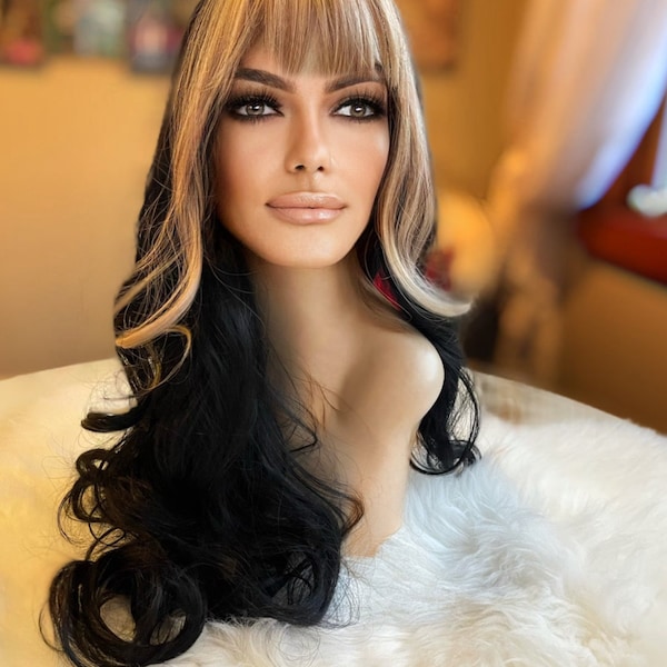 Albella Blonde Bang Moment Money Piece Wig Hand Tied Black Ombré Wig Dark Balayage Hand Tied Lace Front Wig