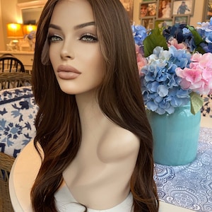 Oaken Brown Underlights Swiss Lace Mono Top Frontal Golden Brown Human Blend Hand Tied Lace Front Wig Parting Wig