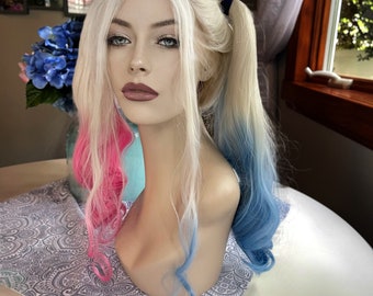 Custom Pink Only Harley Quinn Curly White Blue and Lace Frontal Wig Fashion Wig Light Pro Level Invisible Lace Wear Up Or Down