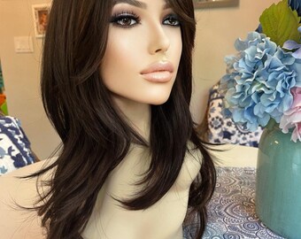 Custom Dark Brown Jett Layered  Wig Shag Wig Layers Modified Wolf Cut Long Side Bang Silk Touch Wig Cosplay Wig Drag