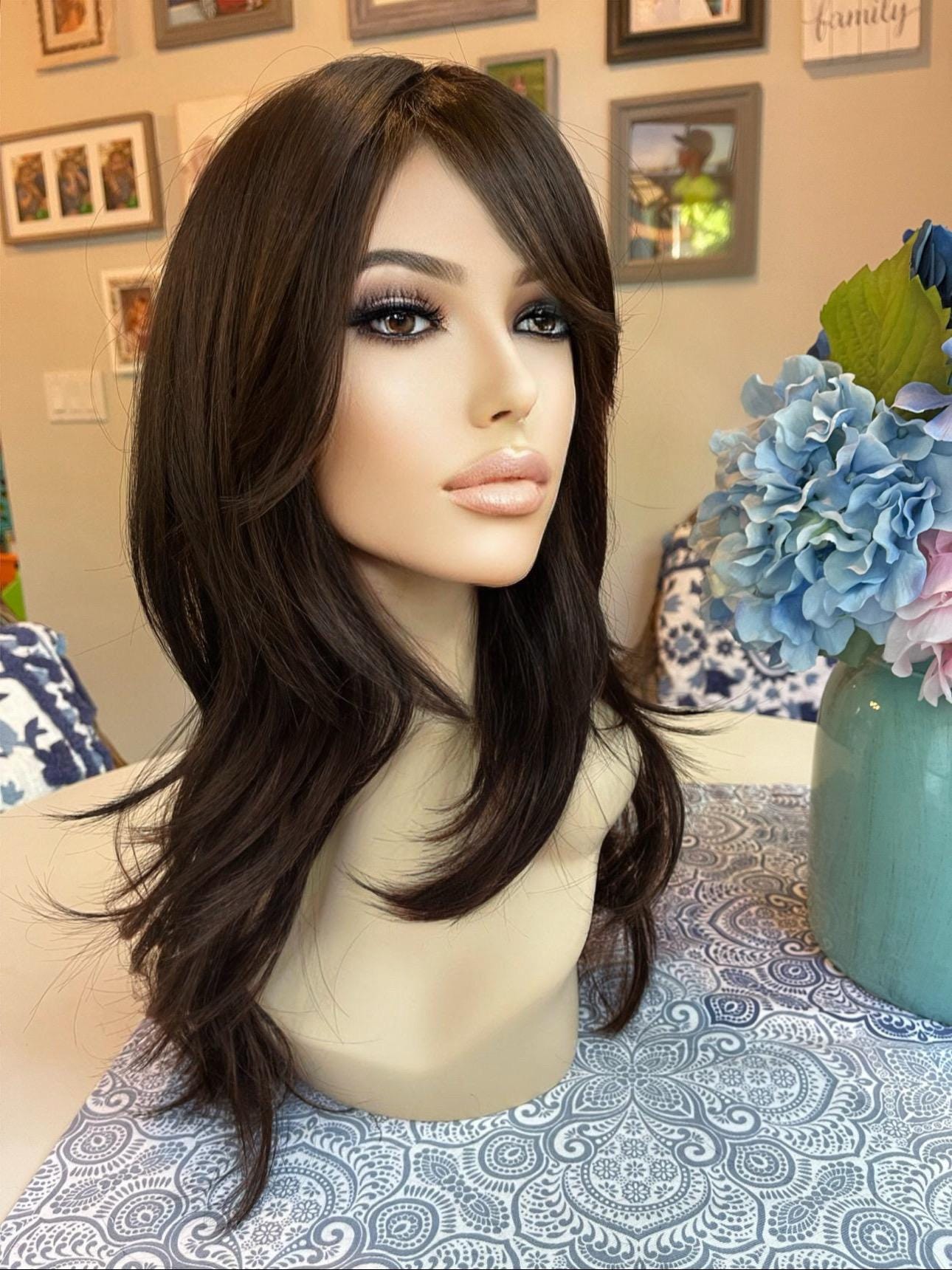 Custom Dark Brown Jett Layered Wig Shag Wig Layers Modified Wolf Cut Long Side Bang Silk Touch Wig Cosplay Wig Drag