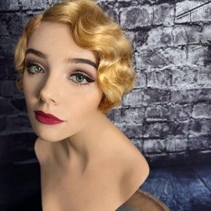 Daisy Version Finger Wave 1920’s Great Gatsby Wig 100% Human Hair Wig Short Cut Wig Curly Lightest Ginger Blonde Medical Wig Fashion Wig