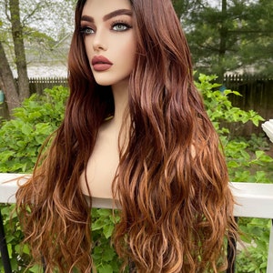 Maple Glaze Balayage Wig Warm Auburn Brown Wig Brown Rooted Wavy Colormelt Loose Wave Lace Front Human Hair  Cottagecore