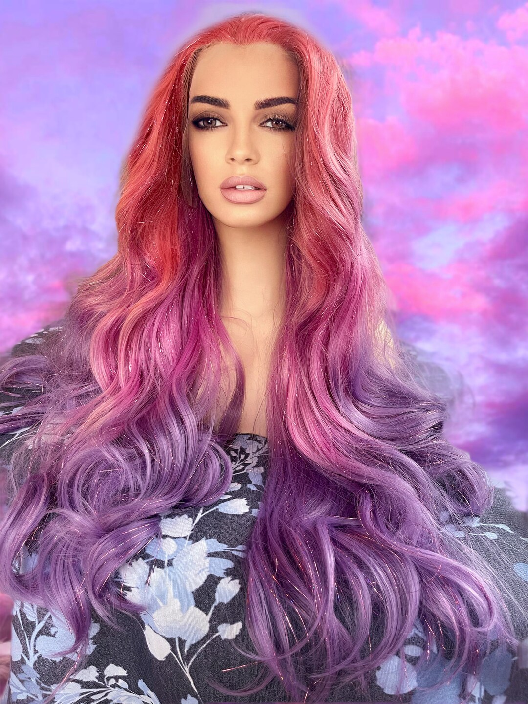 Abracadabra Wig Pastel Pink Purple Wig Frontal Sparkle Wig Hand Tied