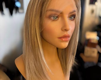 Mythos Benutzerdefinierte Farbe 16 ”100 % Echthaar-Spitze-Front-Perücke Frei Scheitel Kleberlos Tragen Und Gehen Stil Feine Dichte Perücke Blond