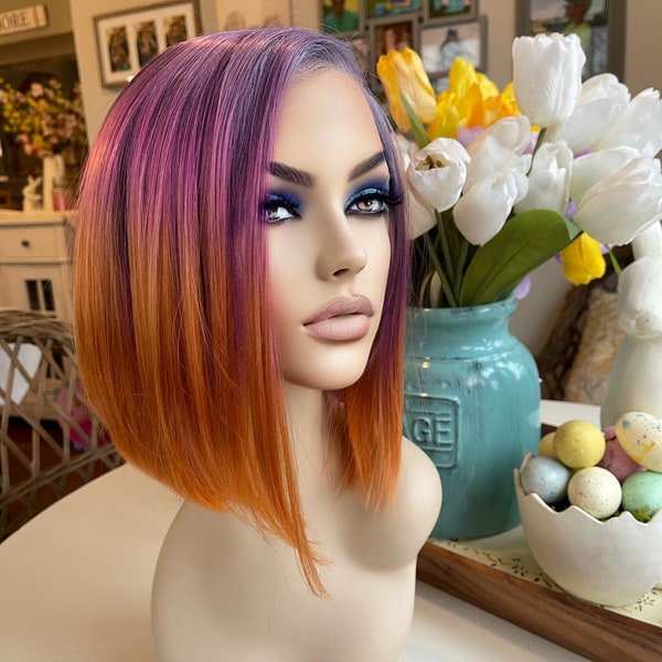 Sunset Bob Wig Pastel Wig Side Part Colorful Roots Wig Hand Tied Color Shorter Length Lace Front Wig Short Wig Purple Pink Pixie Cut