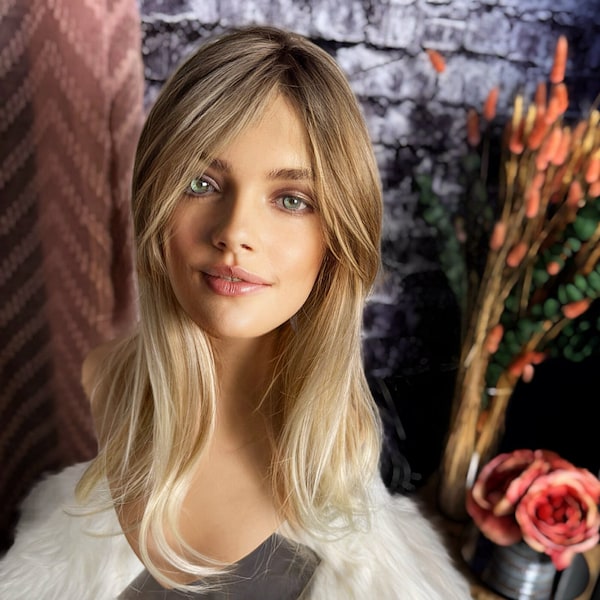 Rochelle Old Money Blonde Medium Blonde Ombre Topper Light Bangs Heat Safe Synthetic Silk Top Parting Topper