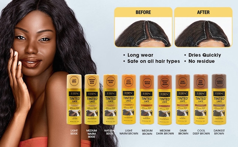 K&ouml;nnte beinhalten: Ein Satz von zehn Spr&uuml;hflaschen mit der Aufschrift "EBIN TINTED LACE" in verschiedenen Beige- und Braunt&ouml;nen. Die Flaschen sind in einer Reihe vom hellsten zum dunkelsten angeordnet. Der Text "VORHER" und "NACHHER" ist &uuml;ber den Flaschen sichtbar, zusammen mit einer Beschreibung der Produkteigenschaften: "Lange Haltbarkeit", "Geeignet f&uuml;r alle Haartypen", "Trocknet schnell" und "Ohne R&uuml;ckst&auml;nde".