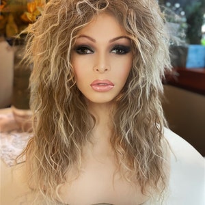 Tina Turner Labyrinth David Bowie Rocker Wig Long Large Cap Unisex Blonde Wig  Rooted Wavy Nancy Wilson Heart Loose Wave Wild Costume Wig
