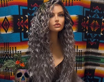 Ravendale Silvery Gray Wig Black Rooted Ombré Wig Frontal HD Lace Front Mono Top Hand Tied Colormelt Balayage