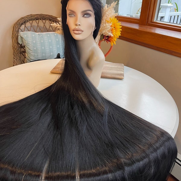 Jules Ultra Long 5 Feet Wig Sleek Wig Long Wig Jet Black Wig Lace Frontal Free Parting Wig Lace Front Wig Cosplay Theater Showgirl Drag Wig