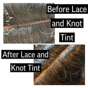 K&ouml;nnte beinhalten: Nahaufnahme von menschlichem Haar vor und nach dem F&auml;rben von Spitze und Knoten. Das obere Bild zeigt das Haar mit sichtbarer Spitze und Knoten. Das untere Bild zeigt das Haar, nachdem die Spitze und die Knoten so gef&auml;rbt wurden, dass sie zur Haarfarbe passen.